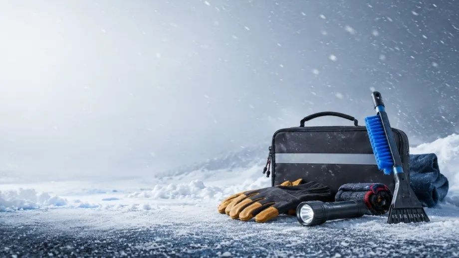Vinterutrustning med handskar, ficklampa och isskrapa i snö